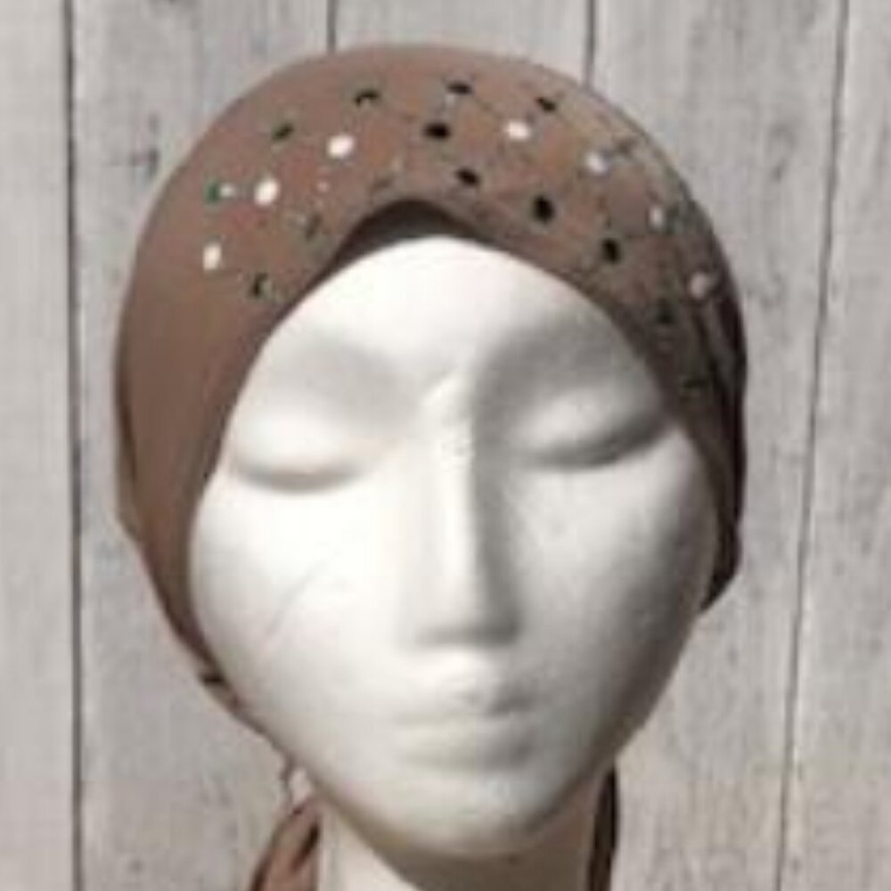 TAN Pre-Tied Stud Chemo Cap Slip On Bonnet Hijab Undercap #1